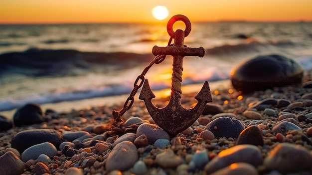 An anchor rests on the beach and a sunset serves as its backdrop Generative Ai