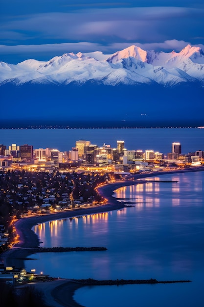 Anchorage Twilight A Blend of Urban Lights with Alaskas Natural Splendor