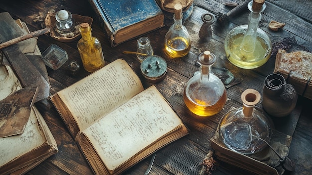 Photo ancient alchemy unveiled tools potions books in a mystical flat lay