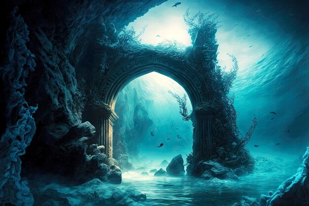 Ancient arch at bottom of sea diving in underwater cave