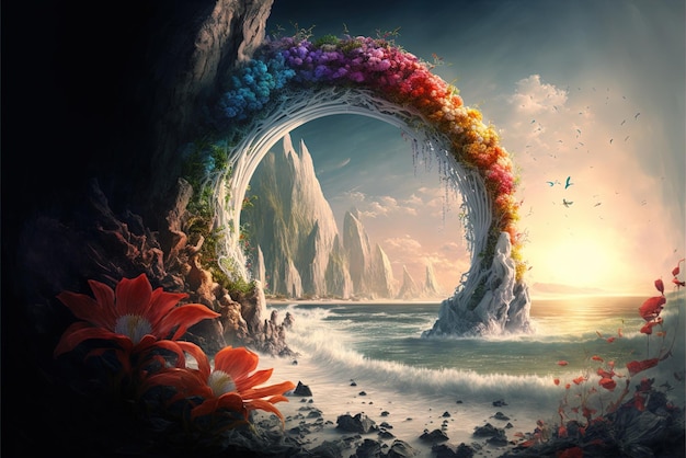 Ancient arch and pillars lush flowers portal to another world magical ancient runes alien planet stone arcs Generative AI