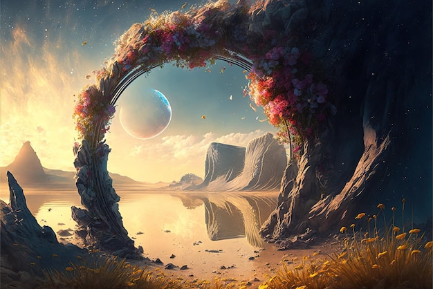 Ancient arch and pillars lush flowers portal to another world magical ancient runes alien planet stone arcs Generative AI