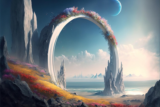 Ancient arch and pillars lush flowers portal to another world magical ancient runes alien planet stone arcs Generative AI