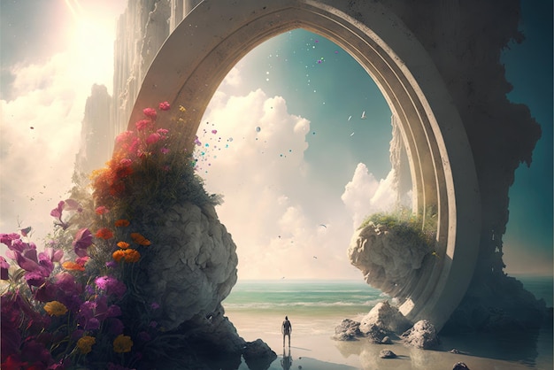 Ancient arch and pillars lush flowers portal to another world magical ancient runes alien planet stone arcs Generative AI