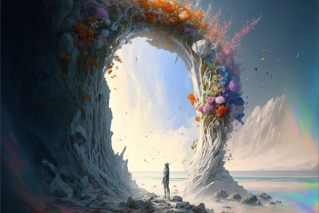 Ancient arch and pillars lush flowers portal to another world magical ancient runes alien planet stone arcs Generative AI