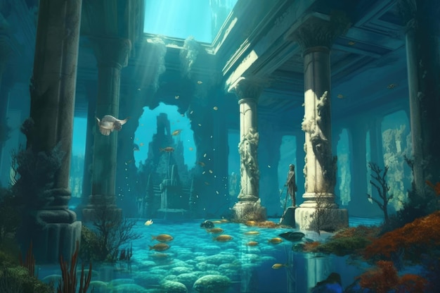 Ancient atlantis A painting of a building with columns and fish on it