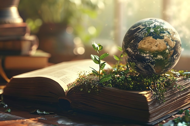 Ancient book and Earth globe with stars and universe art Magic and space theme