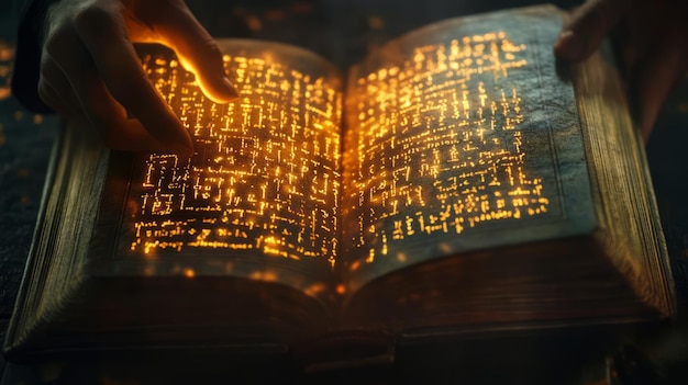 Photo ancient book unfolds revealing glowing runes