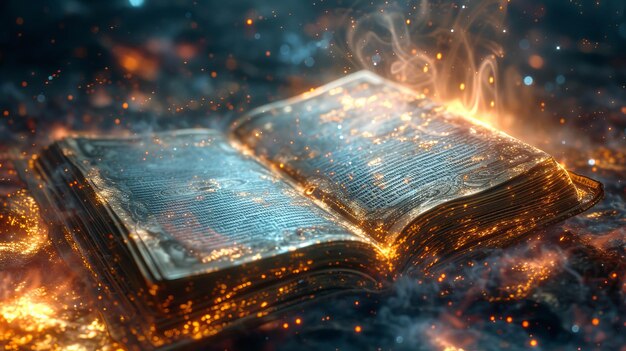 Ancient book with glowing pages surrounded by mystical smoke and sparkles evoking sense of magic