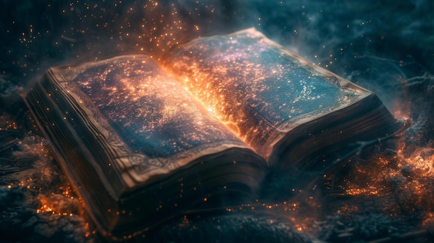 Ancient book with glowing pages surrounded by mystical smoke and sparkles evoking sense of magic