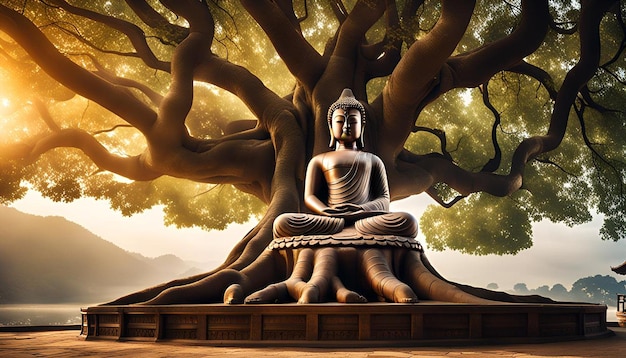 Ancient buddha statue under big tree