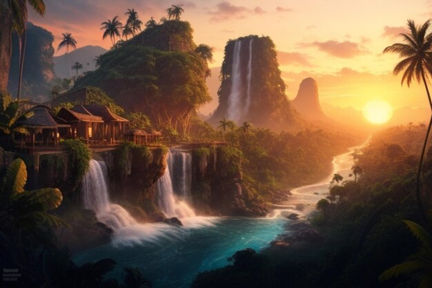 ancient buildings in the middle of the forest with waterfalls and flowing rivers AI generated