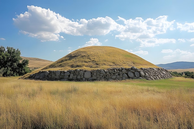 Photo ancient burial mound in grassland landscape archaeological site with stone wall and clear blue sky