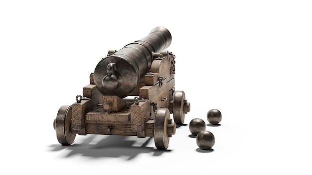 Ancient cannon on wheels with cannonballs isolated on white background with clipping path