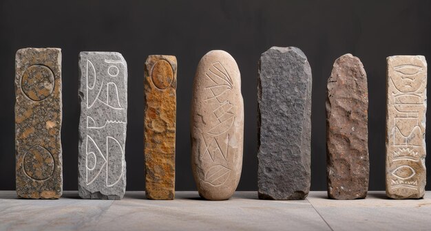 Ancient carved stone artifacts on dark background