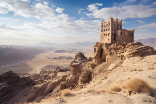 Ancient castle on a cliff overlooking the vast desert landscape created with generative ai