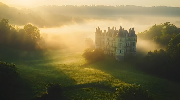 Photo ancient castle at dawn enveloped in mystical fog