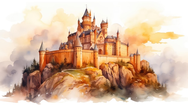 Ancient castle on a hill watercolor illustration generative