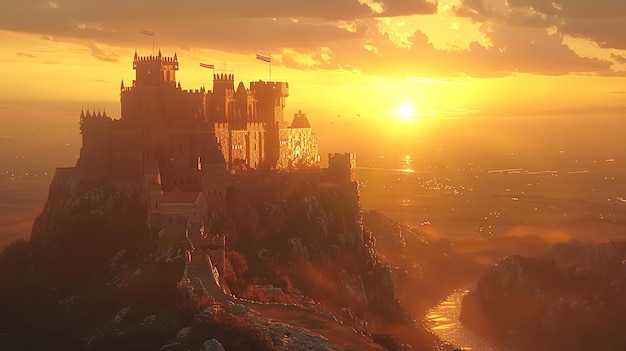 Photo ancient castle on a hill with a dramatic sunset in 8k resolution