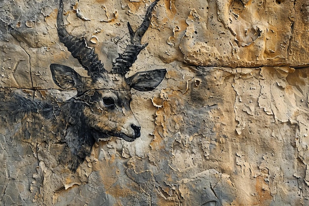 An ancient cave painting of an animal on the wall with subtle rock texture and weathering visible i