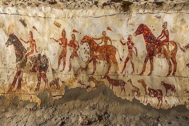 Ancient cave paintings depicting people and animals showing early human storytelling real photo h