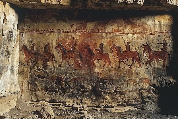 Ancient cave paintings in the desert depicting people hunting animals in red and brown colors the