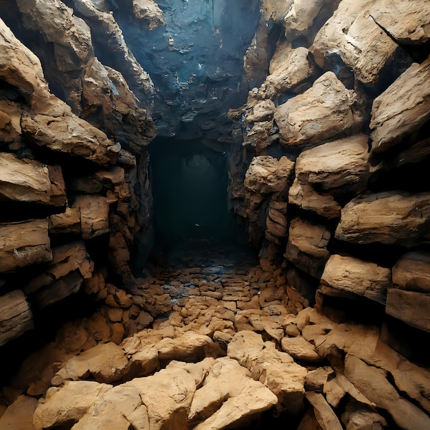 Ancient cave with many stones