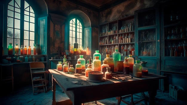 Ancient chemists laboratory with mysterious objects and experiments with atmospheric sunlight shining though dusty windows Generative AI illustrator