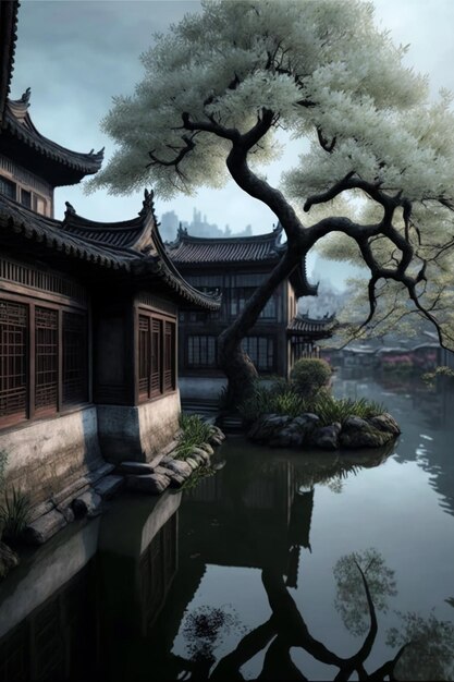 Ancient Chinese bonsai tree background Generative Ai