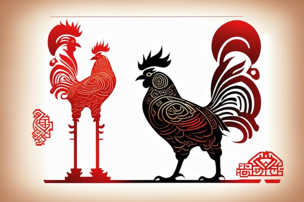 Ancient Chinese style cock king totem silhouette detailed perfect compositionline graphic black