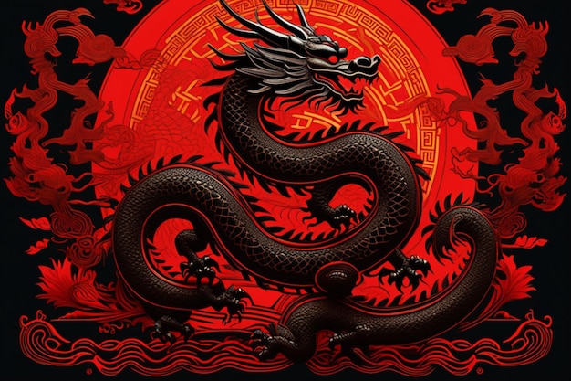 Ancient Chinese style dragon king totem silhouette detailed perfect compositionline graphic