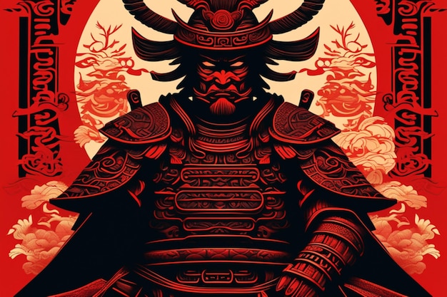 Ancient Chinese style samurai king totem silhouette detailed perfect compositionline graphic