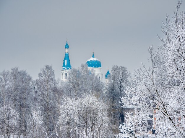 Ancient Christian temple in winter day. St. Basil's Cathedral in the historic centre of Gatchina. Russia.