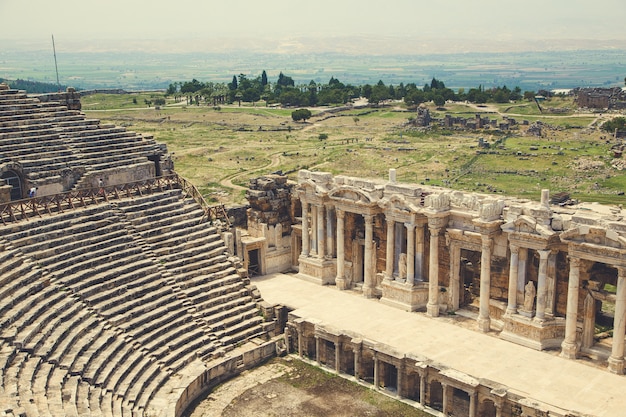 Ancient city of Hierapolis, Pamukkale, Turkey. The fascinating and beautiful beauty of the historical sites is here. Hierapolis of Phrygia, Denizli, Turkey