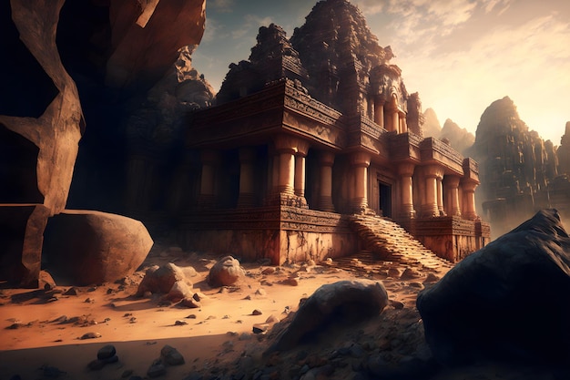 Ancient City Megalithic fantasy Ruins Cyclopean Stone Architecture Petra Angkor Wat Machu Picchu 3d illustration