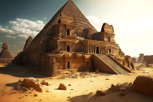 Ancient city ruin at foot of egyptian pyramid made with generative ai