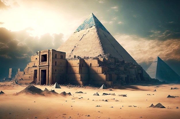 Ancient city ruin at foot of egyptian pyramid  made with generative ai