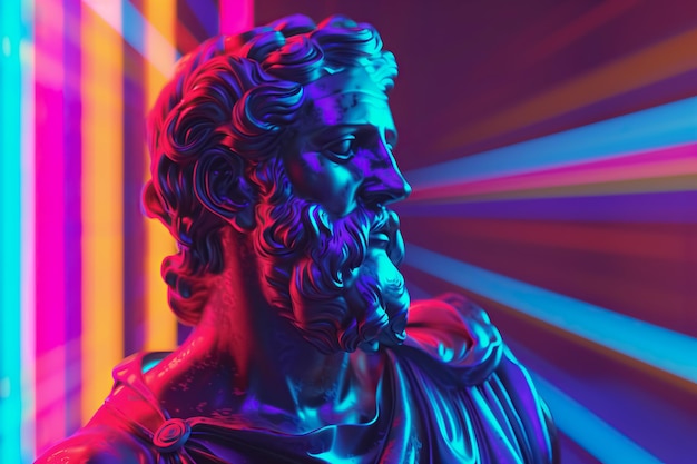 ancient classical Greek style male philosopher sculpture monument illuminated by colorful neon light