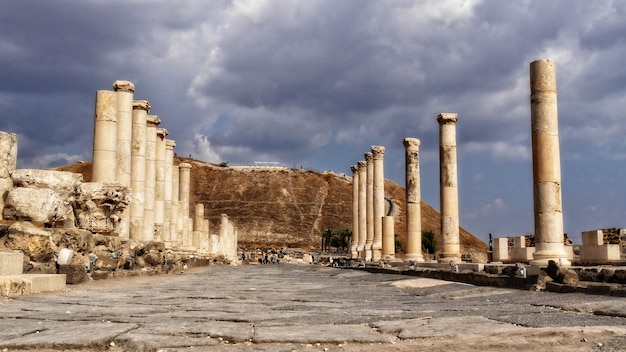 Ancient columns in archaeological site Scythopolis Beit Shean National Park in Israel