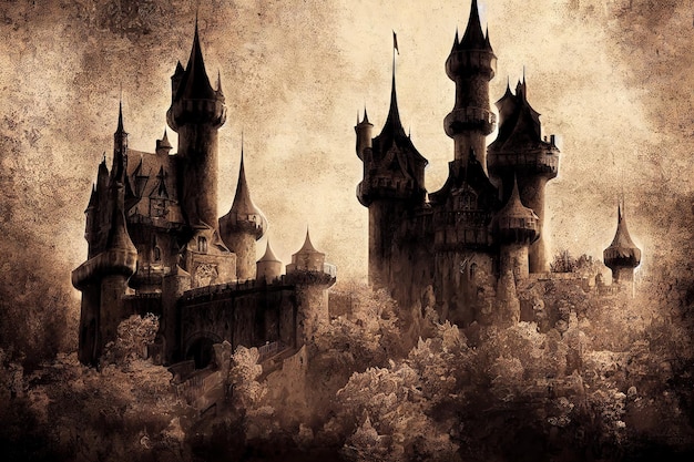 Ancient dark castles old photo style background digital illustration