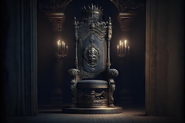 Ancient dark throne with ornament in old dark castle created with generative ai