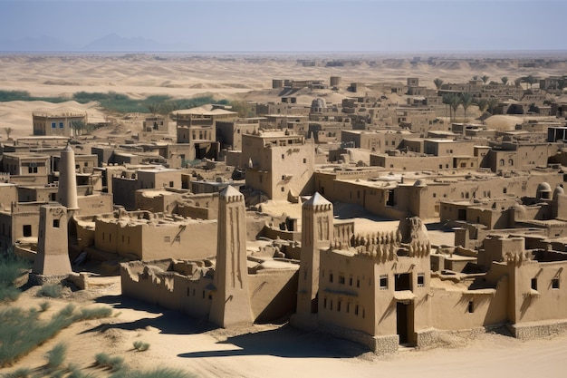 Ancient desert city with towering buildings and ornate carvings created with generative ai