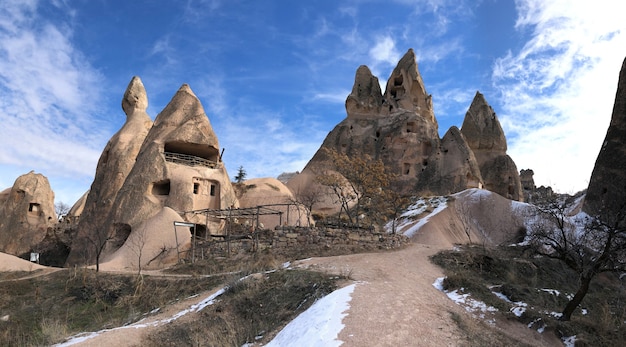 Ancient dwellings hollowed out in volcanic rock in Cappadocia, Turkey