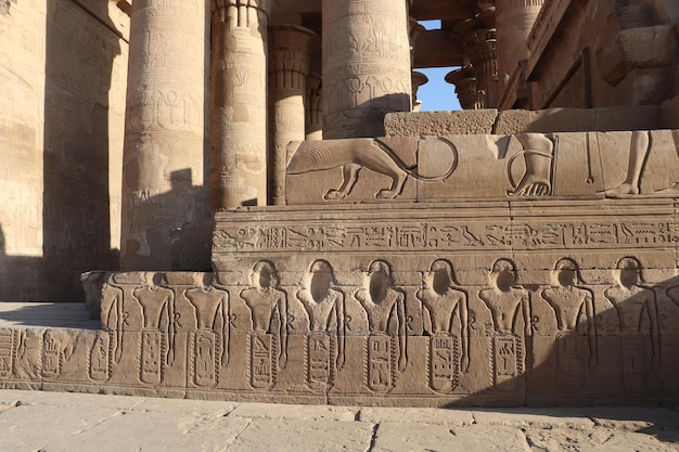 ancient egyptian carvings at Kom Ombo temple in Aswan, Egypt