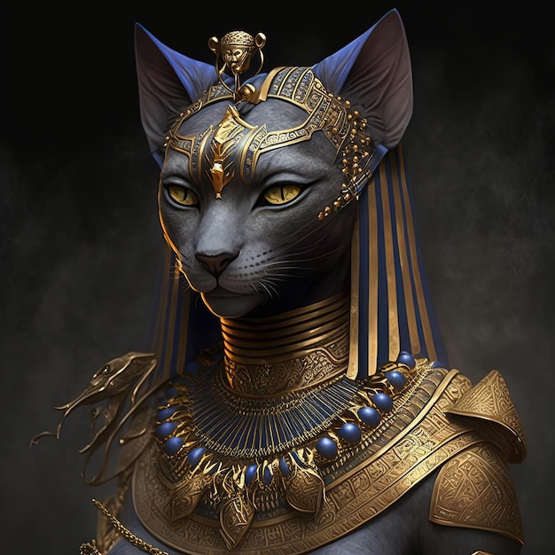 Ancient Egyptian catwoman with gold jewelry Ancient Egyptian goddess 3D illustration