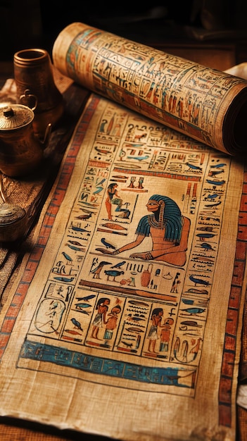 Ancient Egyptian papyrus scroll featuring intricate hieroglyphics and vibrant illustrations showcasing historical scenes and deities This high quality artwork captures essence of ancient culture and