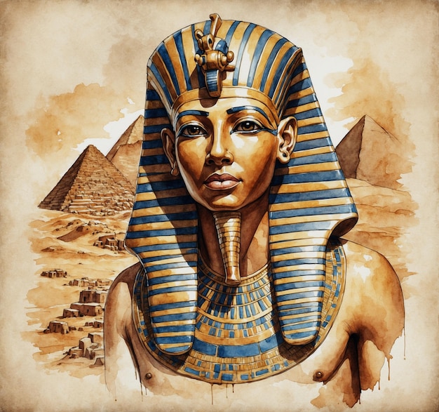 Ancient Egyptian Pharaoh in Cairo Egypt Digital painting with watercolor effect