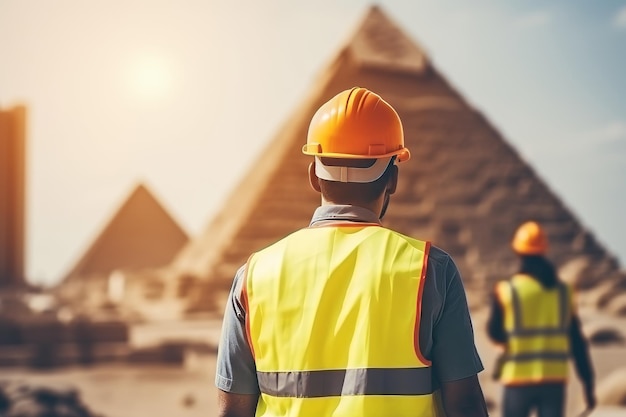 Ancient egyptian pharaoh supervising great pyramid construction with diligent workers