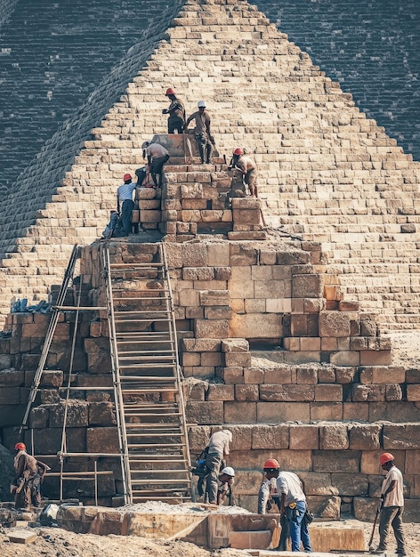 Photo ancient egyptian pyramid construction with laborers and architectural wonders