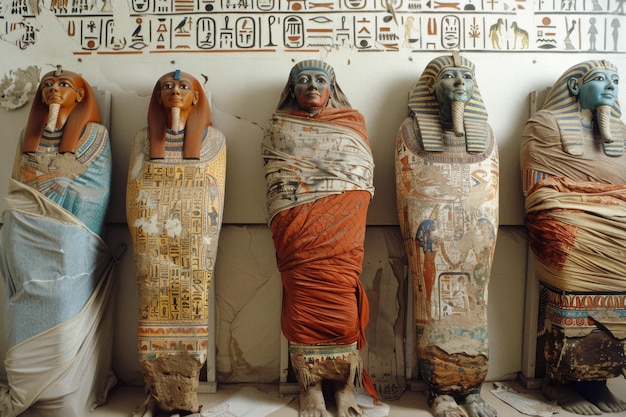 Ancient Egyptian sarcophagi adorned with hieroglyphics stand in a row showcasing the rich and mystic historical artistry of ancient civilizations